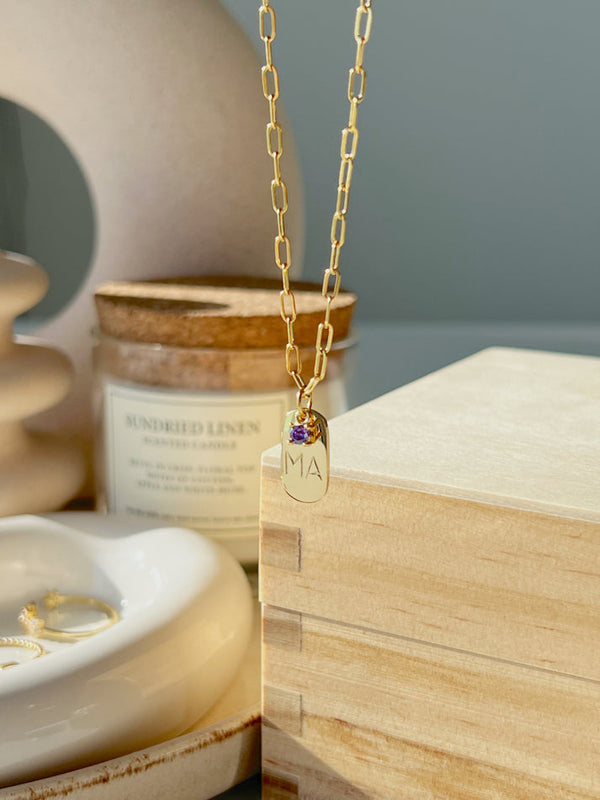 Initial Tag Necklace With Birthstone - Grace