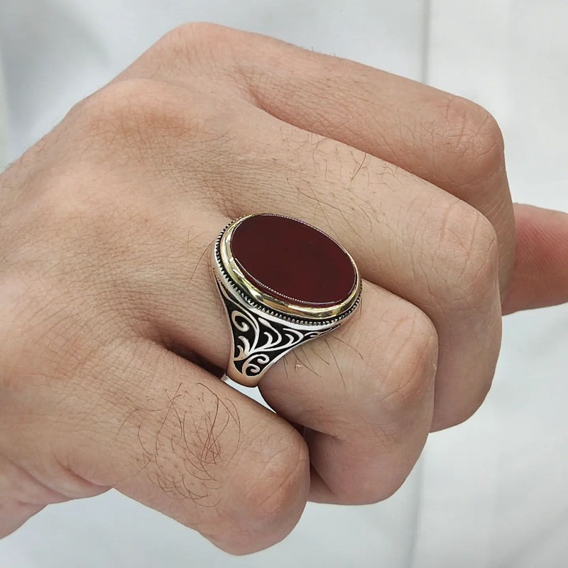 Persian Silver Ring for Men with Red Yemeni Aqeeq Bright - ShopiPersia